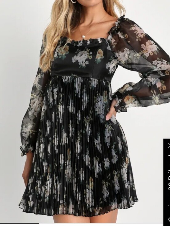Lulus Dresses & Skirts - Lulu's Black Floral Pleated Long-Sleeve Babydoll Dress